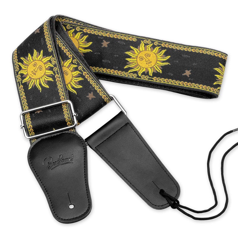 BestSounds Guitar Strap, Vintage Embroidered Sun Straps with Genuine Leather Ends Guitar Shoulder Strap for Bass, Acoustic,Classical & Electric Guitar (Black) - Image 1